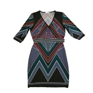 Calvin Klein Geometric Print V Neck 3/4 Sleeve Faux‎ Wrap Dress Women's Size M